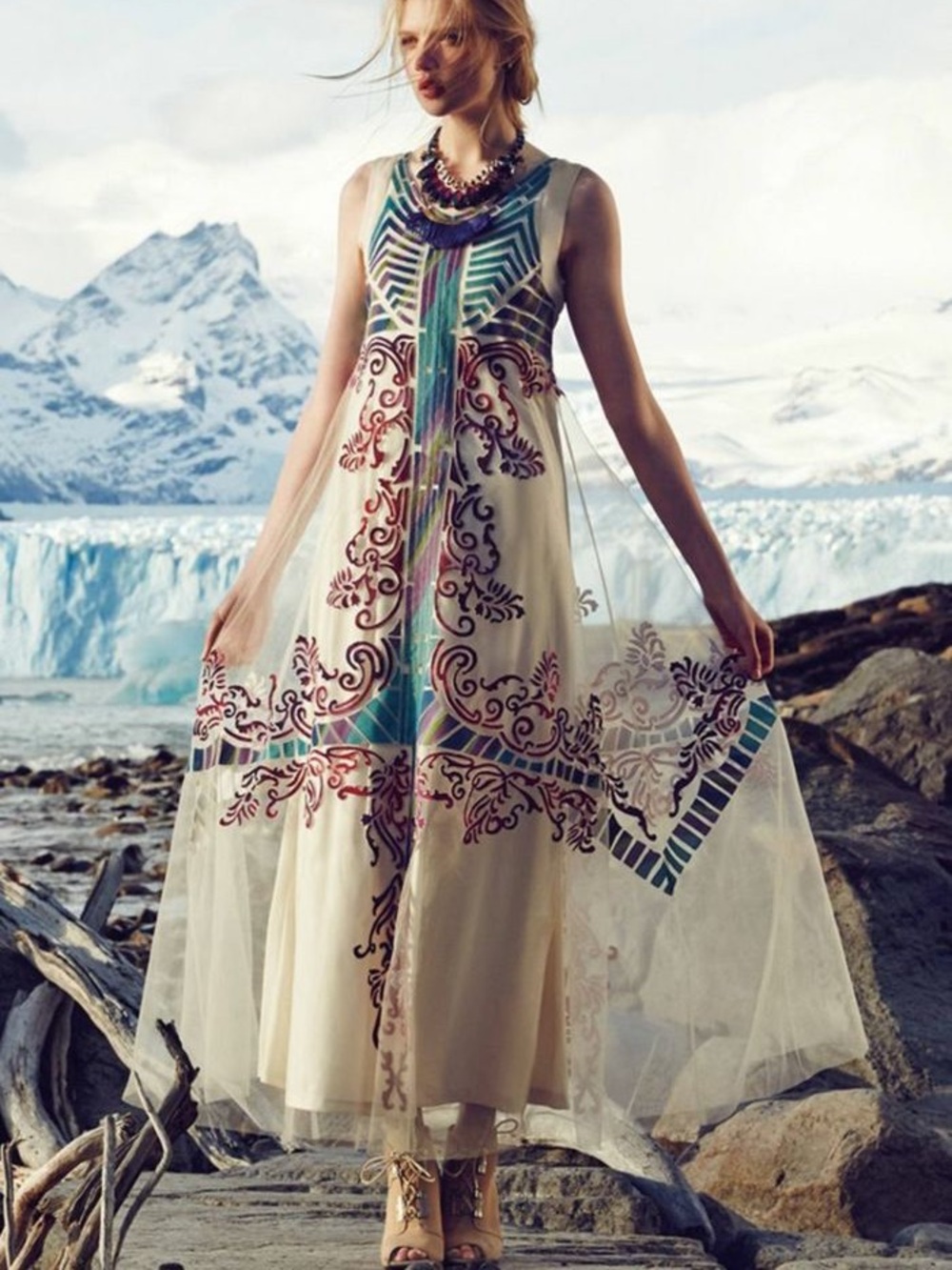 Anthropologie Cream Maxi Dress with Teal & Burgundy Embroidery